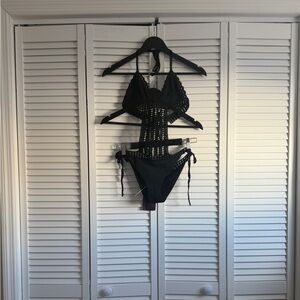 PRADA Crochet Cut Out One Piece Swimsuit in Black